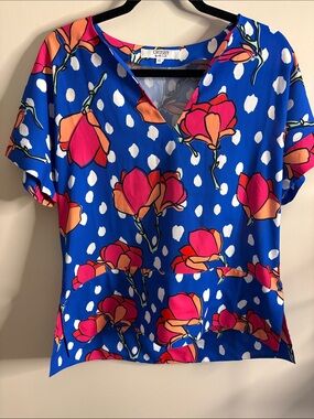 crosby. Royal Blue Floral V-Neck Tunic with Pink and Orange Blooms